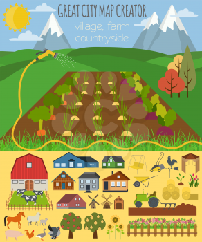 Great city map creator. Village, farm, countryside, agriculture. Make your perfect city. Vector illustration