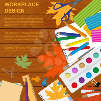 Education graphic template. Schoolboy workplace mock up for creating your own design, infographics, banners. Vector illustration with place for text. 