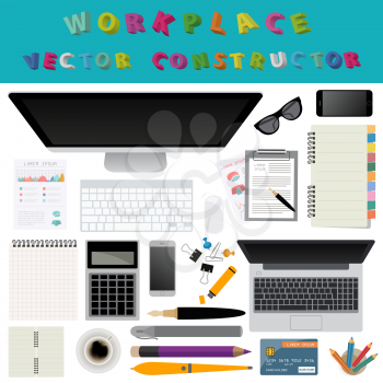 Business meeting. Working place in flat design. Constructor of your own work space. Vector illustration