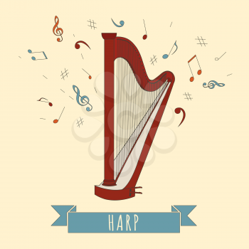 Musical instruments graphic template. Harp. Vector illustration