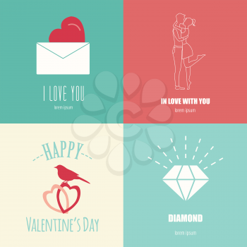 Valentine's day logo design template. Graphic elements with hearts, arrows, champagne, gifts, flowers, bird, diamonds. Vector illustration