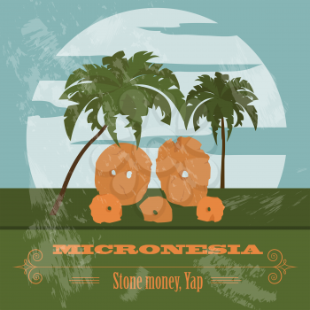 Micronesia. Stone money. Yap. Retro styled image. Vector illustration
