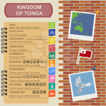 Tonga  infographics, statistical data, sights. Dove with olive branch. Vector illustration
