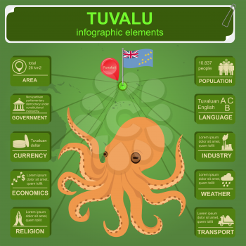 Tuvalu  infographics, statistical data, sights. Octopus.  Vector illustration