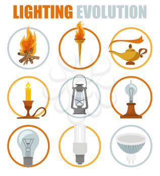 Lighting elements icon set. Evolution of light. Vector illustration