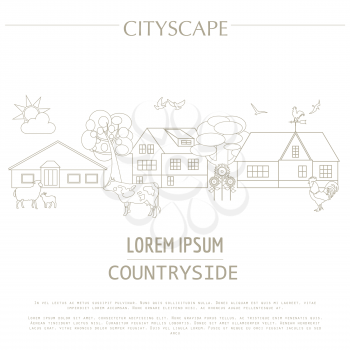 Countryside graphic template. Village buildings, rural scene and farm animals. Vector illustration.. City constructor. Template with place for text. Outline version