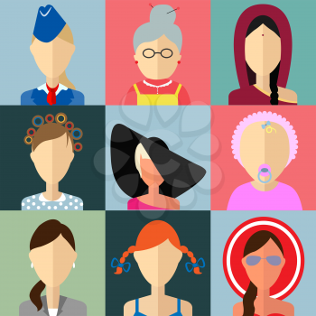 Set of flat style female characters. Flat vector icons