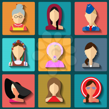 Set of flat style female characters. Flat vector icons