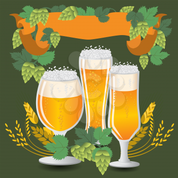 Glasses beer with wheat and hops. Vector illustration