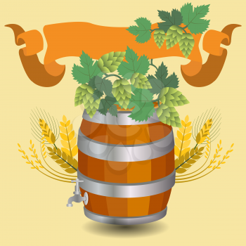 Barrel mug with wheat and hops. Vector illustration