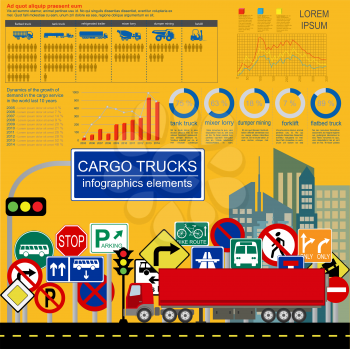 Cargo transportation infographics, trucks, lorry. Elements infographics.  Vector illustration