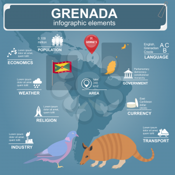 Grenada infographics, statistical data, sights. Antillean Armadillo, Grenadian pigeon, dove, national symbol. Vector illustration