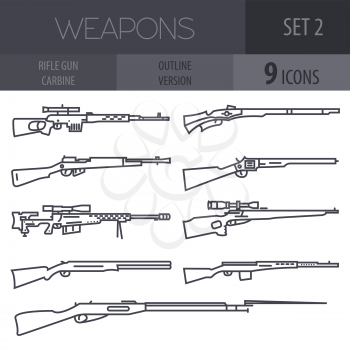 Firearm set. Gun, rifle, carbine. Flat design. Outline linear version. Vector illustration