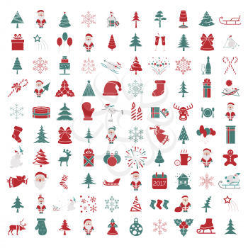 Christmas, New Year holidays icon big set. Red and green colours. Flat style collection. Vector illustration