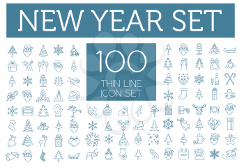 Christmas, New Year holidays icon big set. Thin line version. Flat style collection. Vector illustration