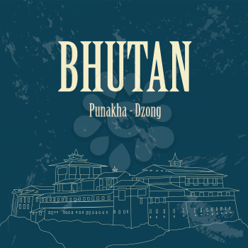 Bhutan infographics, statistical data, sights. Punakha - Dzong. Vector illustration