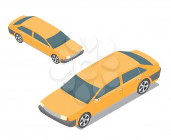 Flat 3d isometric yellow passenger car isolated on white. Build your own infographic collection. Vector illustration
