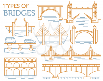 Types of bridges. Linear style icon set. Possible use in infographic design. Vector illustration