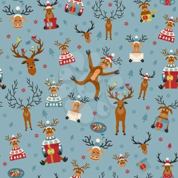 Cute reindeer flat seamless pattern. Elements for christmas holiday greeting card, poster design. Vector illustration