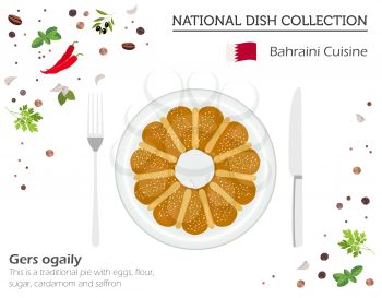 Bahraini Cuisine. Middle East national dish collection. Gers ogaily pie isolated on white, infograpic. Vector illustration
