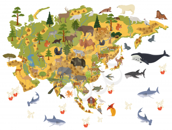 Flat Asian flora and fauna map constructor elements. Animals, birds and sea life isolated on white big set. Build your own geography infographics collection. Vector illustration