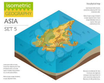 Isometric 3d Asia physical map constructor elements on the water surface. Build your own geography infographics collection. Vector illustration
