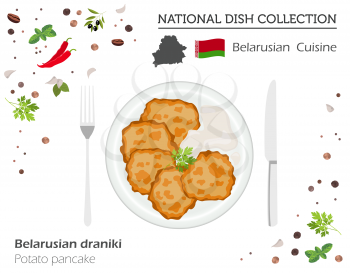 Belarusian Cuisine. European national dish collection. Potato pancakes isolated on white, infographic. Vector illustration