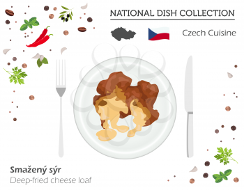 Czech Cuisine. European national dish collection. Deep-fried cheese loaf isolated on white, infographic. Vector illustration