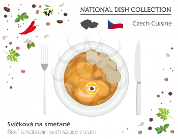 Czech Cuisine. European national dish collection.Beef tenderloin with sauce cream isolated on white, infographic. Vector illustration
