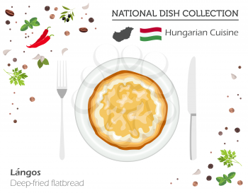 Hungarian Cuisine. European national dish collection. Deep-fried flatbread isolated on white, infographic. Vector illustration