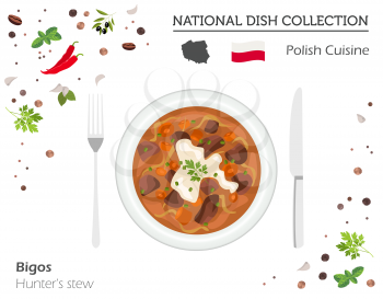 Polish Cuisine. European national dish collection. Hunter`s stew isolated on white, infographic. Vector illustration