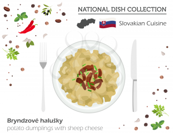Slovakian Cuisine. European national dish collection. Sheep cheese dumpling isolated on white, infographic. Vector illustration