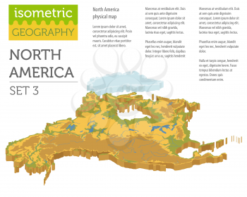 Isometric 3d North America physical map elements. Build your own geography info graphic collection. Vector illustration