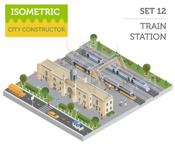 3d isometric Train station and city map constructor elements isolated on white. Build your own railway infographic collection. Vector illustration