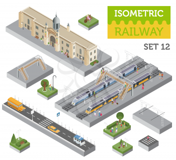 3d isometric Train station and city map constructor elements isolated on white. Build your own railway infographic collection. Vector illustration