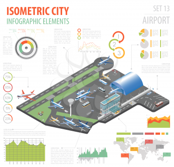 3d isometric airport and city map constructor elements isolated on white. Build your own infographic collection. Vector illustration