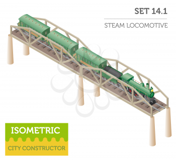 3d isometric retro railway with steam locomotive and carriages. City map constructor elements. Build your own infographic collection. Vector illustration