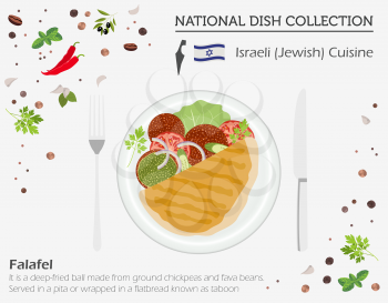 Israeli Cuisine. Middle East national dish collection.  Jewish falafel isolated on white, infograpic. Vector illustration

