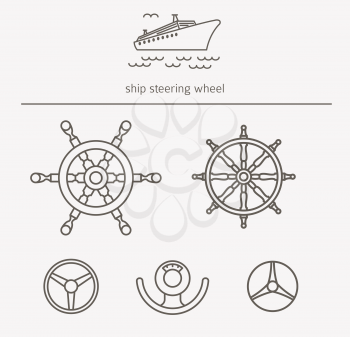 Equipment for transport driving logo set. Ship steering wheel thin line icons. Vector illustration