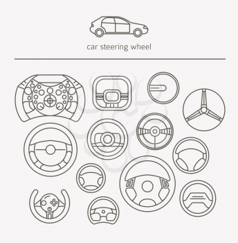 Equipment for transport driving logo set. Helmet, rudder, car steering wheels thin line icons. Vector illustration