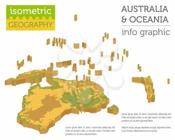 Isometric 3d Australia and Oceania physical map elements. Build your own geography info graphic collection. Vector illustration