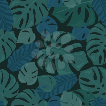 Monstera tropical forest leaves background. Green seamless pattern. Vector illustration