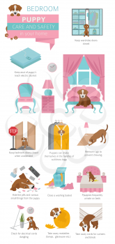 Puppy care and safety in your home. Bedroom. Pet dog training infographic design. Vector illustration