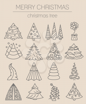 Christmas tree icon set. Flat isolated thin line design. New year winter collection. Vector illustration