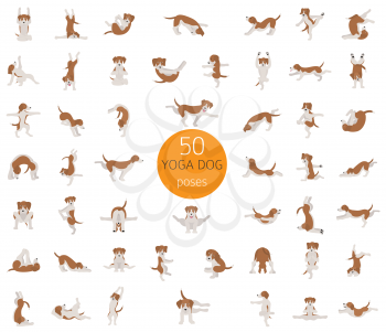 Yoga dogs poses and exercises doing clipart. Funny cartoon poster design. Vector illustration