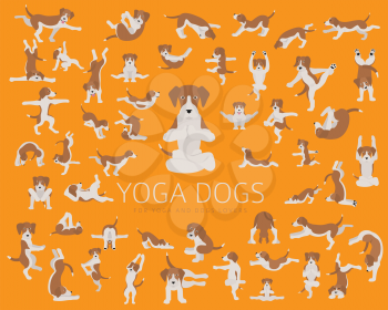 Yoga dogs poses and exercises doing clipart. Funny cartoon poster design. Vector illustration