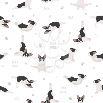 Yoga dogs poses and exercises. French bulldog seamless pattern. Vector illustration