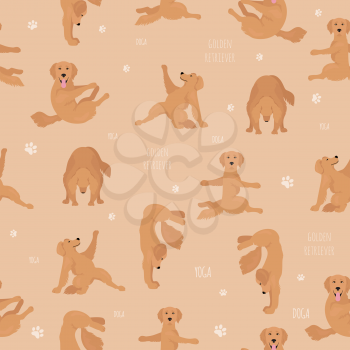 Yoga dogs poses and exercises. Golden retriever seamless pattern. Vector illustration