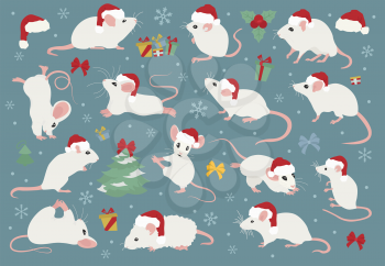 Different mice christmas collection. Mouse poses and exercises. Cute cartoon new year clipart set. Vector illustration