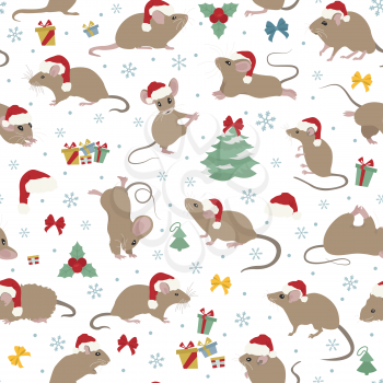 Mice christmas seamless pattern. Mouse poses and exercises. Cute cartoon new year clipart set. Vector illustration